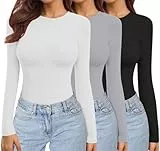 Ekouaer Damen 3 Pack Langarmshirt Rundhlas Unterhemd Layer Tee Warm Thermo Oberteil Slim Fit Basic Tops, Schwarz + Hell Grau + Weiß S
