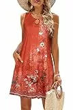 VEUNCOS T Shirt Kleider Damen Loose Fit mit Taschen Lässig Strandkleid Ärmellose Cover Ups für Badebekleidung Rote Blume S