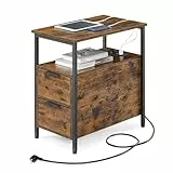 VASAGLE Beistelltisch, Nachttisch mit Steckdosenleiste, 2 Schubladen, Sofatisch, Nachtschrank für Wohnzimmer, Schlafzimmer, vintagebraun-tintenschwarz LET325B01