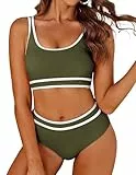AI'MAGE Bikini Damen Set Badeanzug Bauchweg Sport Bikini-Sets High Waist Bademode Push Up Gerippt, Olivgrün S