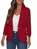PrinStory Blazer Damen Sportlich Elegant 3/4 Ärmel Blazer Büro Female Geschäft Dressy Jack Outfits Für Die Arbeit (Karminrot, US 18, EU 48)