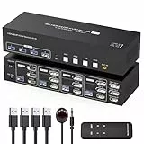 TJCXELE 8K60Hz 2 Displayport +HDMI KVM-Switch 4 PC 3 Monitore USB 3.0 Triple Monitor KVM-Switches für Vier PC Teilen Sie Triple Monitore und 4 USB Geräte mit Fernbedienung und 4xUSB-Kabel