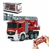 JAMARA 404960 - Feuerwehr Drehleiter 1:20 Mercedes Antos 2,4G - deutsche Sirene mit blauen LED Signallichtern, 420 ml Wasserbehälter, Reale Spritzfunktion, programmierbare Funktionen, 4 Radantrieb
