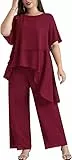 Hanna Nikole Damen Übergröße Chiffon Abendanzug Sets für Hochzeit Elegant Hosenanzug Zweiteiler Rundhals Shirt für Damen Hosenanzug Weinrot 46