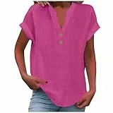 KOG Damen Shirt Freizeit Baumwolle Leinen Longshirt Vintage Kurzarm Oberteile Longbluse Lässig Blusenshirt Frauen Rundhals Slim Fit Tops Knalliges Pink XXL