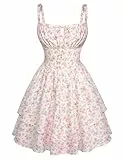 SCARLET DARKNESS Damen Freizeit Minikleid Lace Up mit Tasche Spaghetti Trägerkleid Weiß-Rosa Blumen M