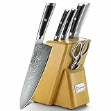 Sunnecko 6tlg Damastmesser Messerblock mit Messer - Messer Set mit Block Damaststahl Klinge Ergonomischer Griff, Messerset mit Küchenschere Messerhalter