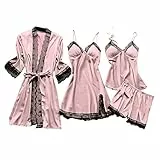 Damen Schlafanzug Seide Pyjama Sets für Frauen 4pcs Sexy Spitze Trim Cami Top Shorts Mini Kleid Robe Set Cute Pjs Nachthemd Schlafanzug mit Brust Pads Loungewear