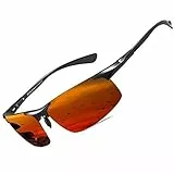DUCO Herren Polarisierte Sonnenbrille mit Metallrahmen und Kohlefaser Brille Beine UV400 CAT 3 8277 (Schwarz,Rot verspiegelt)