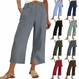 KOG 3/4 Hose Damen Leinenhose Elegante Sommerhose Baumwolle Leinen Cargohose 2026 Pants Women Jogginghose Einfarbige Leicht Relaxhose Anzughose Arbeitshosen Oversized Boho Hose Grau 3XL