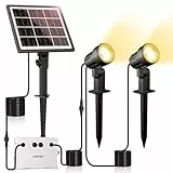 MEIKEE Solar Strahler 2 Stück 2700K Warmweiß Gartenbeleuchtung Solar mit Erdspieß IP66 Wasserdicht 3 Helligkeit 2 Modi 3000MAH Gartenleuchten für Außen Garten Rasen Terrasse Baum