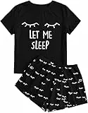 Haloumoning Mädchen Schlafanzüge Sommer Niedliche Shorts Set Bequem Kurzarm Cartoon bedrucktes Pyjama Set T-Shirt und Kurze Hose Set, Schwarz, 10-12 Jahre