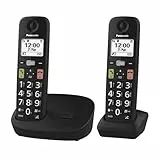Panasonic KX-TGU112EXB digitales schnurloses Telefon ohne Anrufbeantworter, Basisstation & 2 Mobilteile, LCD-Display, große Tasten, Favoriten-Taste, hörgerätekompatibel, Schwarz
