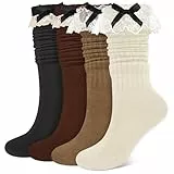 4 Pack Damen Kniestrümpfe mit Rüschen Spitze Gestapelte Lange Slouch Scrunch Socken Casual Bequeme Damen mit Rüschen Trendige Mädchen Kniestrümpfe