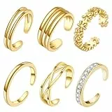 6 Stück 14 Karat Gold Gefüllte Zehenringe Verstellbare Zehenringe Set für Damen Blumenherz Offene Zehenringe Daumenringe Verstellbare Ring Gold Zehenringe Set Sommer Strand Fußschmuck
