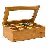 Relaxdays Teebox mit 8 Fächern, Bambus, Teebeutel Aufbewahrung, Teekiste mit Sichtfenster, HBT: 9 x 28 x 16 cm, natur