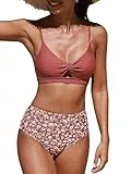 CUPSHE Damen-Bikini-Set, hohe Taille, V-Ausschnitt, gedrehter Frontausschnitt, Haken hinten, verstellbare Träger, zweiteiliger Badeanzug, Rostrot/Blumenmuster, L