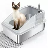 FURTIME Katzenklo Edelstahl XXL, Katzentoilette Edelstahl 37L Große Kapazität Auslaufsicher Gegen Verschüttungen Katzenklo, mit Metall Katzenstreuschaufel 60x40x31cm (Silbergrau)
