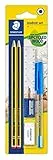 STAEDTLER Studenten Set mit 2 x Noris 120 Bleistifte Made from Upcycled Wood in Härtegrad HB, 1 x Kugelschreiber Stick blau, 1 x Lineal 15 cm, 1 x Radierer und 1 x Spitzer, 120SET BKD