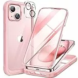 Miracase Glas Hülle für iPhone 15 Hülle 6,1 Zoll, Full Body Bumper Clear Back Cover und Eingebauter 9H Hartglas Displayschutz + Kameraobjektivschutz (Rosa)
