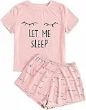 Haloumoning Mädchen Schlafanzüge Sommer Niedliche Shorts Set Bequem Kurzarm Cartoon bedrucktes Pyjama Set T-Shirt und Kurze Hose Set, Rosa, 10-12 Jahre