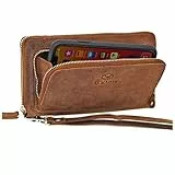 ALMADIH RFID Leder Portemonnaie Damen mit Handyfach und 12 Kartenfächer, intelligente Aufteilung, Metall-Reißverschluss Geschenkbox - Leder Damen Geldbörse Brieftasche Börse braun P28 (Avery Vintage)