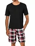 Uniexcosm Schlafanzug Herren Baumwolle Kurz Zweiteiliger Pyjama Set Nachtwäsche Kurzarm Oberteil und Karierte Schlafanzughose Hausanzug Sleepwear A:Schwarz XL