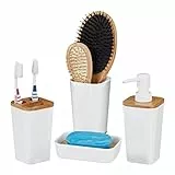 Relaxdays Badaccessoires Set, 4 teilig, modern, Zahnputzbecher, Seifenschale & Seifenspender, Kunststoff & Bambus, weiß, 17,5 x 7 x 7 cm
