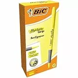 BIC Highlighter Grip, Textmarker in Gelb, mit abgeschrägter Spitze, mit Austrocknungsschutz, 12er Pack