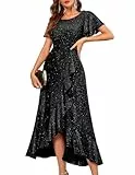 Berylove Ballkleider Damen Lang Kleid Herbst Damen Abendkleider Elegant für Hochzeit Glitzer Kleid Hochzeitsgast Kleid Festkleid A Linie Kleid S007 Black 2XL