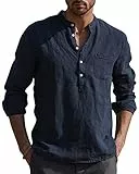 AUDATE Freizeithemd Herren Hemden Leinenhemd Henley Länge Ärmel reguläre Passform Kragenloses Shirt Marine L