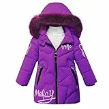 linboo Winterjacke Mädchen Wintermantel mit Abnehmbarer Fellkapuze Warme Lang Mantel Kinder Parka Outdoor Jacke mit Buchstaben und niedliche Muster, Lila, 140-146(Etikettengröße: 150)