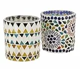 GURU SHOP 2 Handgearbeitete Glas Mosaik Windlichter, Romantisches Windlicht, Mosaik Teelicht, Vintage Teelichthalter - Set 1, 7x7x7 cm