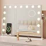 Dripex Hollywood Schminkspiegel mit Beleuchtung mit 15 Lampen, 3 Farbmodi, Abnehmbare Basis, Leichter Aluminium Rahmen mit 10X Vergrößerung 62L x 46B cm, Montage auf dem Tisch ohne Bohren