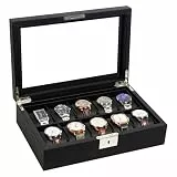 KILHS Uhrenbox mit 10 Fächern, Uhrenkasten mit großem Glasdeckel, abnehmbare Uhrenkissen, Metallschloss mit einem Schlüssel, Geschenkauswahl, schwarz