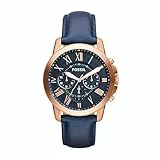 Fossil Grant uhr für Herren, Quarz-Chronographenwerk, mit Edelstahl- oder Lederarmband, Blau, 44MM