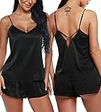 RSLOVE Damen Schlafanzüge Satin Pyjama Set Cami und Kurzhose Kurz Sexy Nachtwäsche für Frauen Schwarz XL
