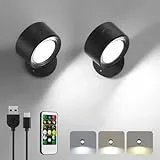 LED Wandleuchte Innen, 2 Stück Akku Wandlampe mit Fernbedienung Kabellos Leselampe, 3 Farbmodi Dimmbar Nachttischlampe Wandlicht, 360° Drehbare Aufladbare Leuchten für Treppe Wohnzimmer Schlafzimmer