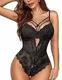 Avidlove Dessous Damen Sexy Unterwäsche V-Ausschnitt Reizwäsche Corsage Body Spitze One Piece Schwarz L