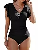 Vancavoo Badeanzug Damen Bauchweg Push Up Badeanzüge Einteilige Rückenfrei Rüschenärmel Strandmode Bademode Swimsuit Bikini Suits,Schwarz,M