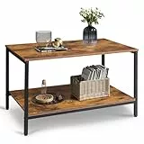 WLIVE Kleiner Couchtisch fürs Wohnzimmer, 80 cm Wohnzimmertisch mit Ablage und Metallrahmen, 2-Stufiger Coffee Table für Kleine Räume, Balkon, Büro, Rustikales Braun