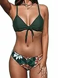 CUPSHE Damen Bikini Set Knoten Low Waist Bikini Bademode Cross Back Blumenmuster Zweiteiliger Badeanzug Swimsuit Dunkelgrünes Blumenmuster L