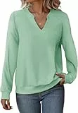 Cuptacc Sweatshirt Damen Ohne Kapuze Pullover Damen Basic Langarmshirt Elegant Oberteile V-Ausschnitt Top Hellgrün XL 46-48