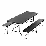 Thanaddo Buffettisch Gartentisch Bierzeltgarnitur Tisch, klappbar 3-teilig Set, 180x74 cm Kunststoff Campingtisch, Rattan-Look für bis zu 8 Personen, robuste wetterfest Biertisch Set, Anthrazit
