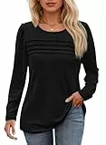 Cicy Bell Damen Langarmshirt Rundhals Pullover Lässige Falten Sweatshirt Puffärmel Longshirt Einfarbig Bluse Loose Fit Tunika Top,Schwarz,XL
