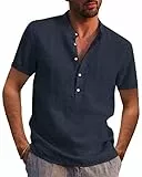 Kvruhuiy Herren Leinenhemd Kurzarm Men's Casual Henley Shirt Freizeithemden Baumwollehemd Summer Beach Tops Marine XL