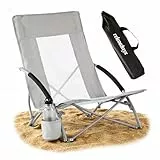 Relaxdays Strandstuhl faltbar, Tasche, Getränkehalter, 135 kg, Mesh-Design, Leichter Klappstuhl, Polyester, Metall, grau