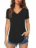 Florboom Tunika Damen Sommer Tshirt Kurzarm Shirts V Ausschnitt Oberteil Sommer Blusen, Schwarz XXL