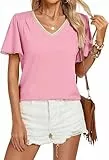 Kate Kasin Damen V-Neck T-Shirt Smocked Shoulder Kurzärmelige Tops Loose Fit Pullover Blouse Casual Soft Comfortable Daily Wear Tees Pink XXL