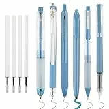 WINKIO 0.5mm Gelschreiber, 6 Stück Aesthetic Gelstifte Schnell Trocknende Gel Pen mit 4 Nachfüllminen, Einziehbare Kugelschreiber Schwarz +Farbiger Textmarker(Blau)